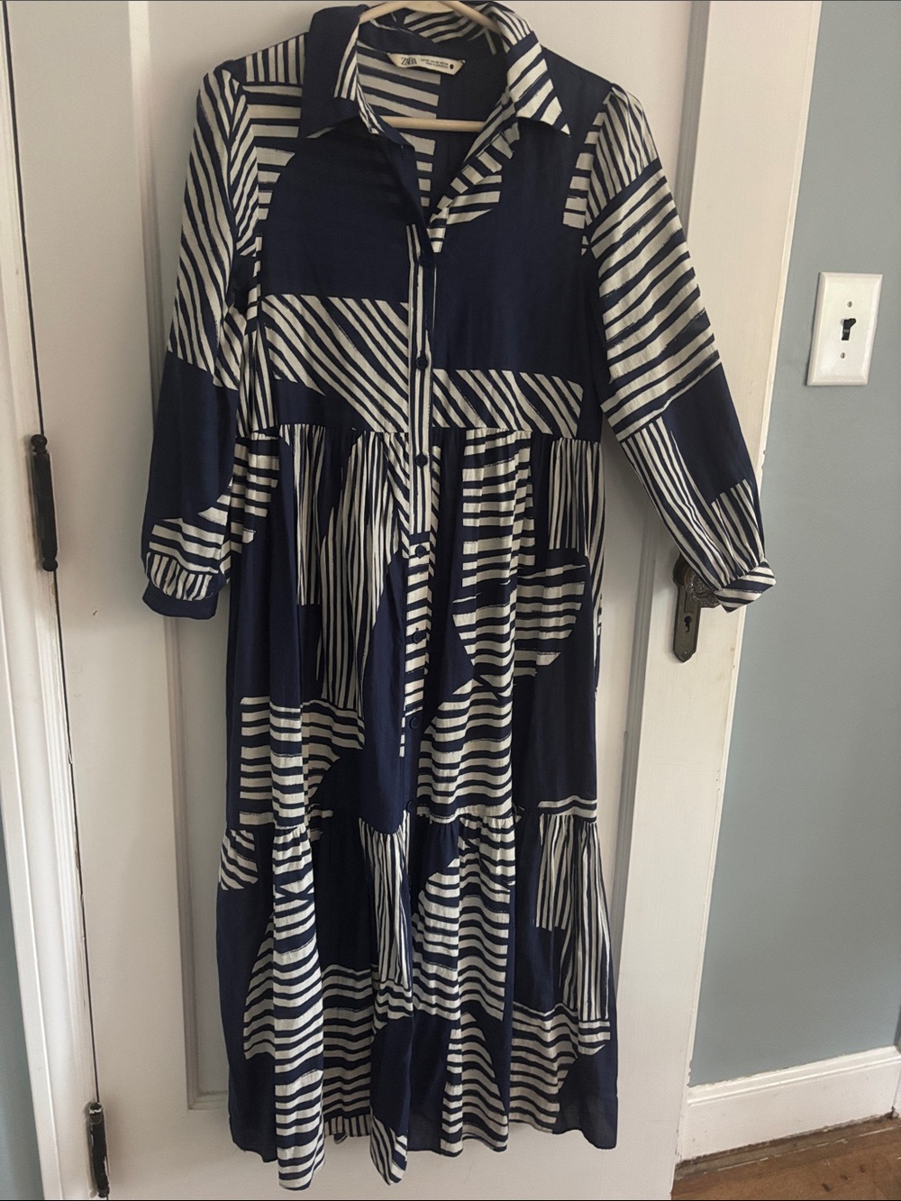 Zara Navy and White Striped Maxi Shirt Dress
